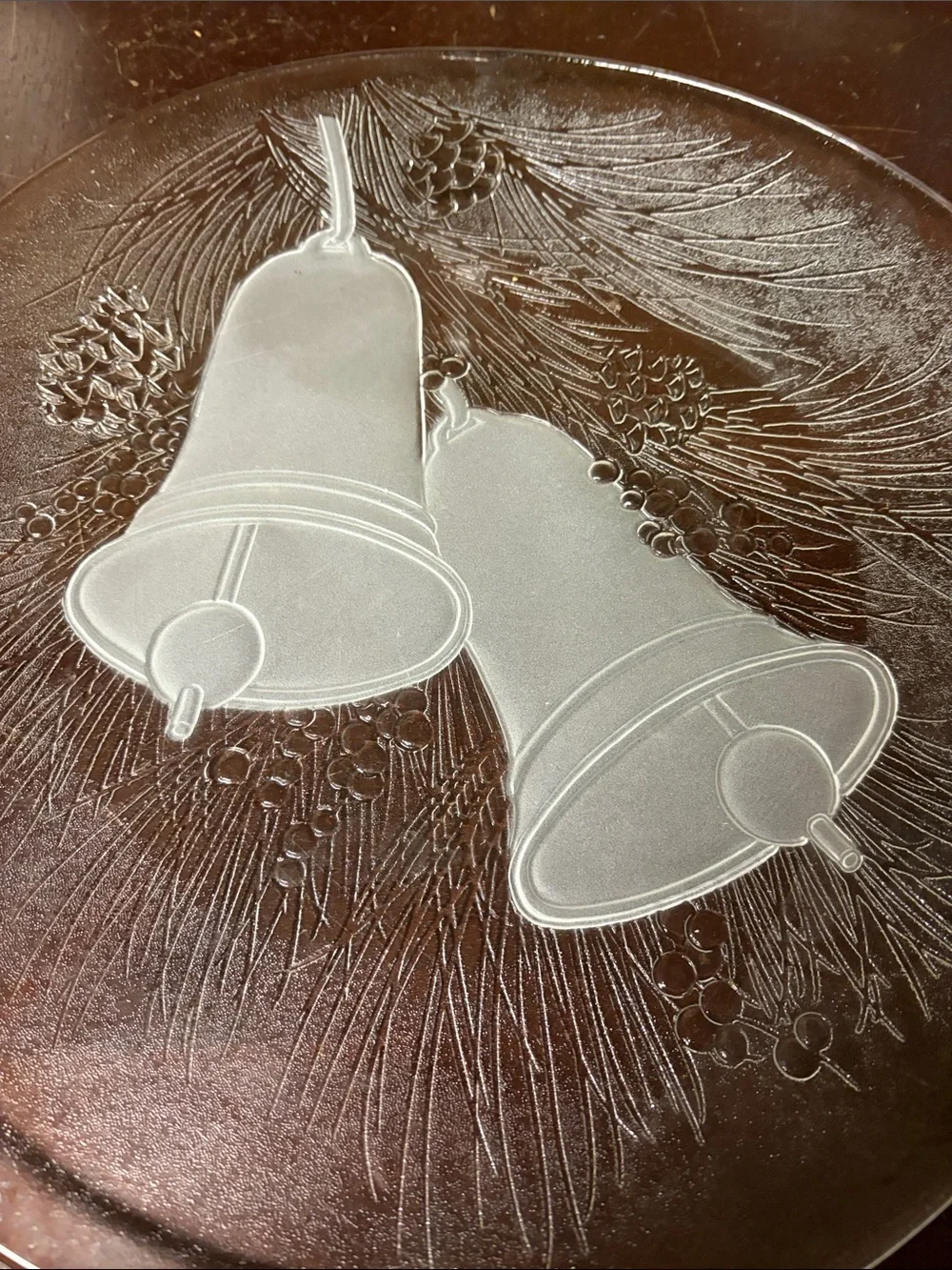 Etched Glass Serving Platter with Holiday Bell Design